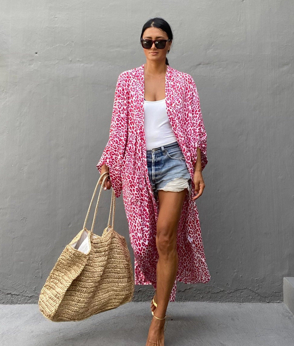 Leopard Print Long Cardigan Loose Beach Sun Protection Coat Beach Cover Up Swimsuit Outwear Women Bella Mia